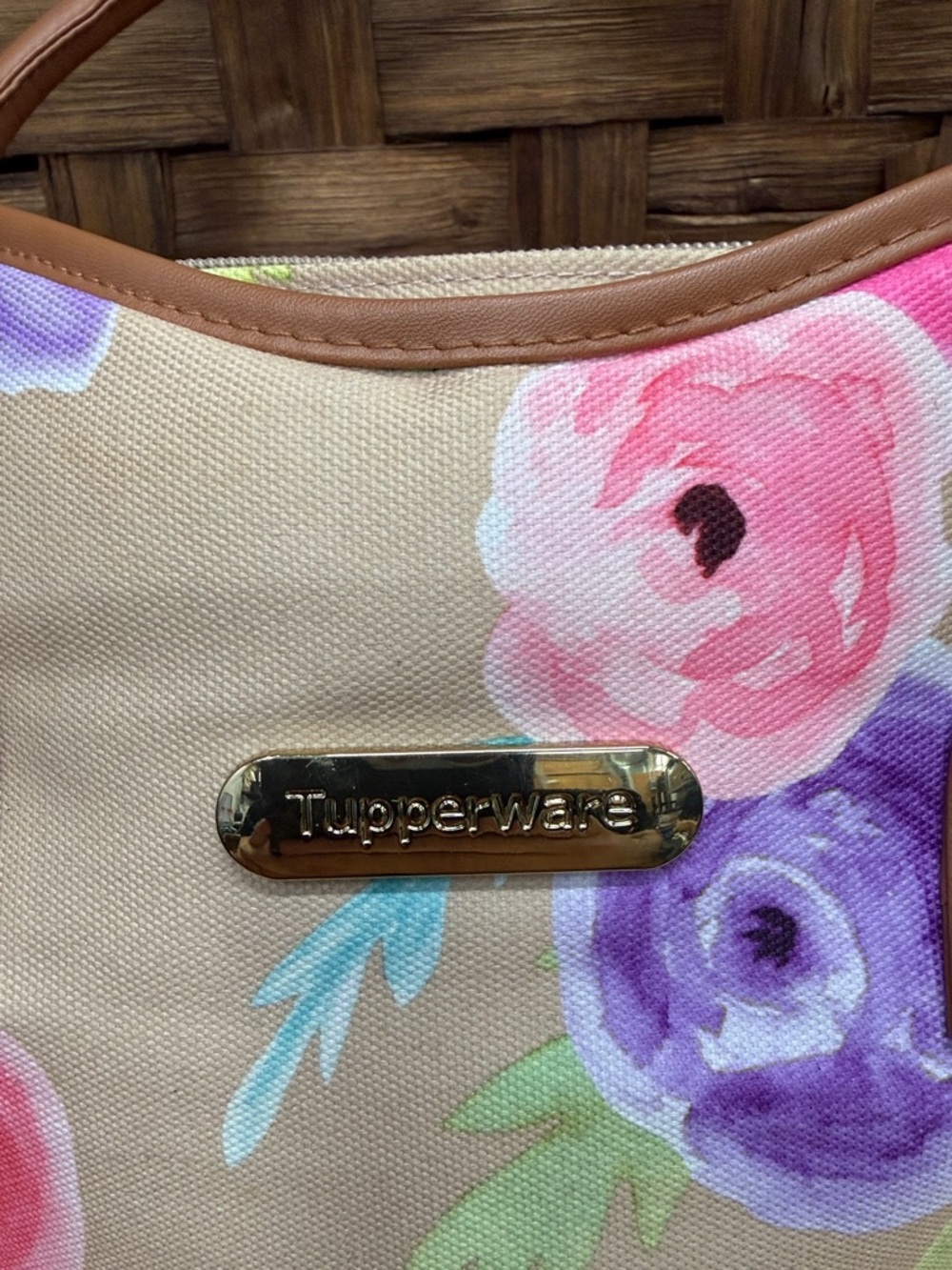 Tupperware Pink & Purple Floral Beige Tote with Brown Handles - Picture 2 of 5